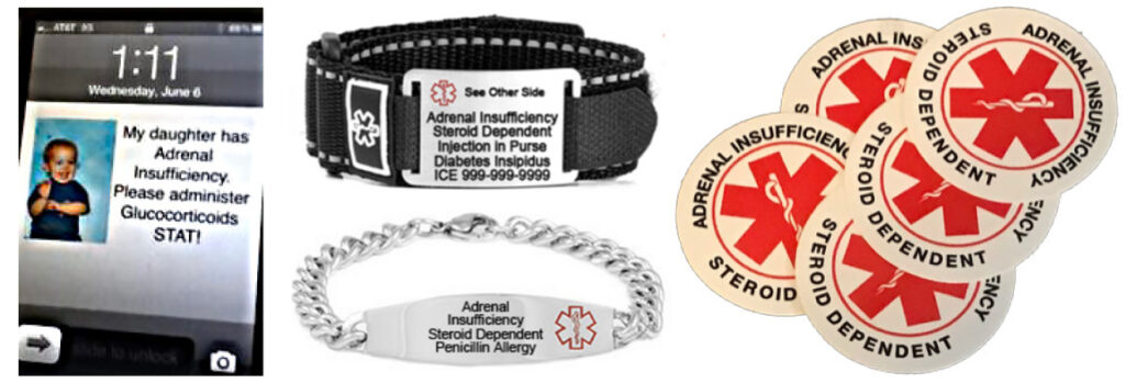 Photo Medical alert bracelet, cell phone screen shot of emergency information for patient, and AI steroid dependent stickers.