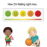 Image cartoon faces happy to sad, boy looking sad holding his stomach, boy with basketball looking sad.